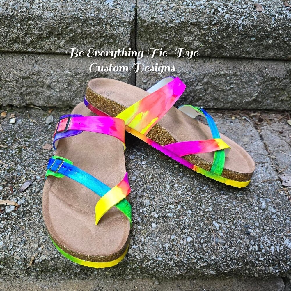 NEW custom tie-dye Birk-style buckled slide sandals with toe ring